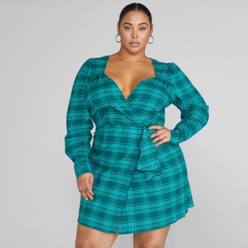 Fashion to Figure Teal Plaid Long Sleeve Dress Size 1X